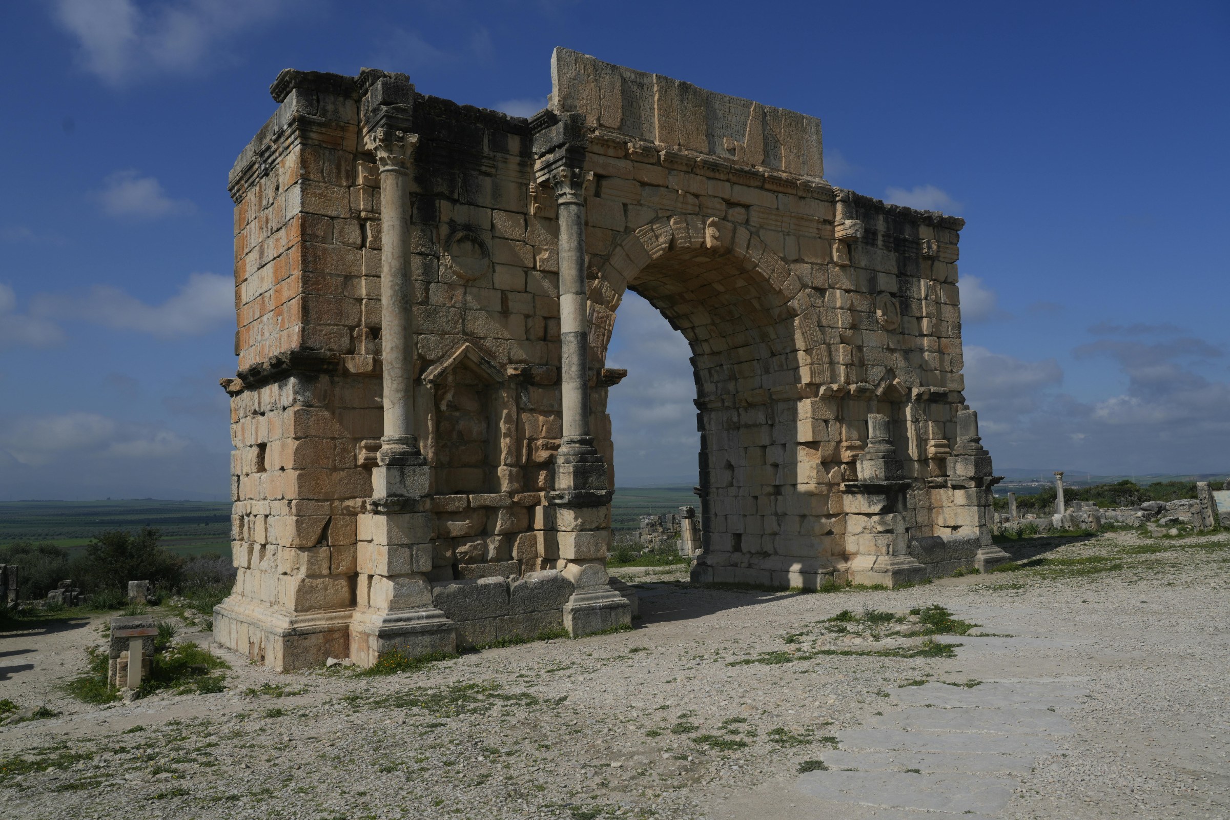 Volubilis Roman ruins and Meknes imperial city heritage on the route from Rabat to Fes in Morocco.