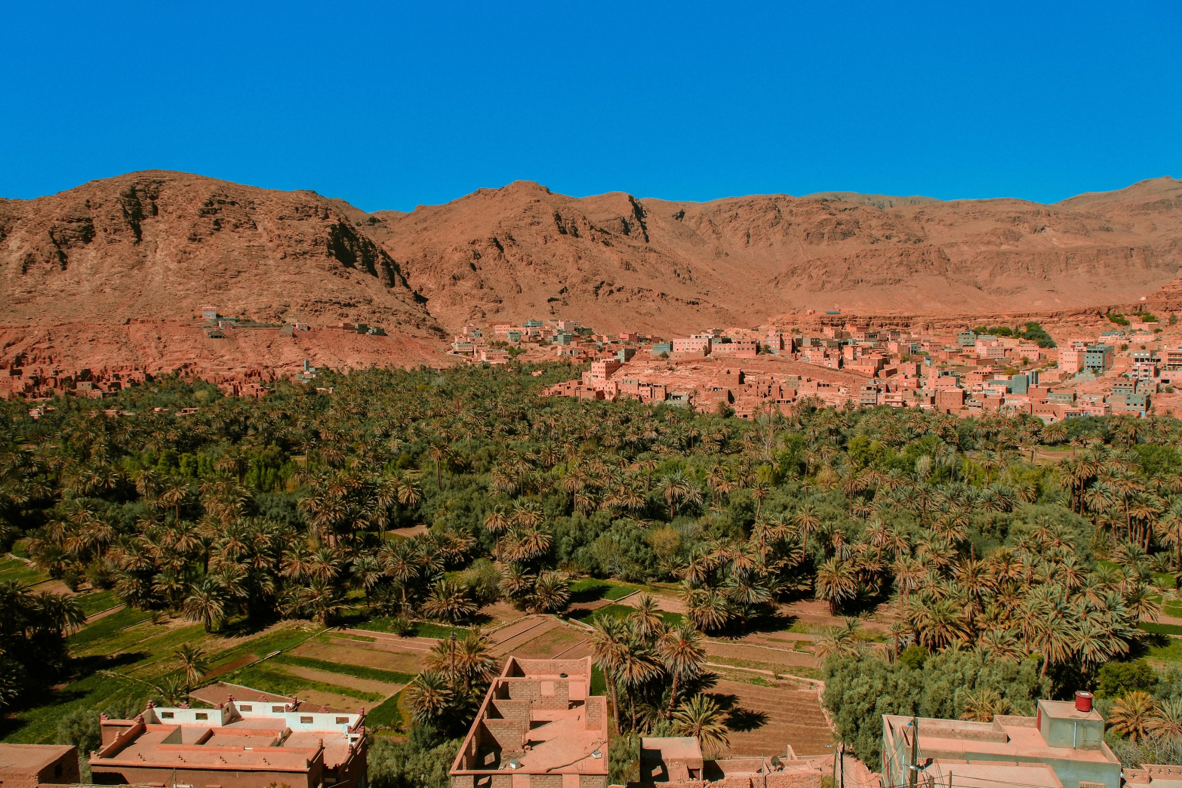 Dadès Valley in southern Morocco, with red cliffs, kasbah remains, cultivated fields and scenic landscapes.